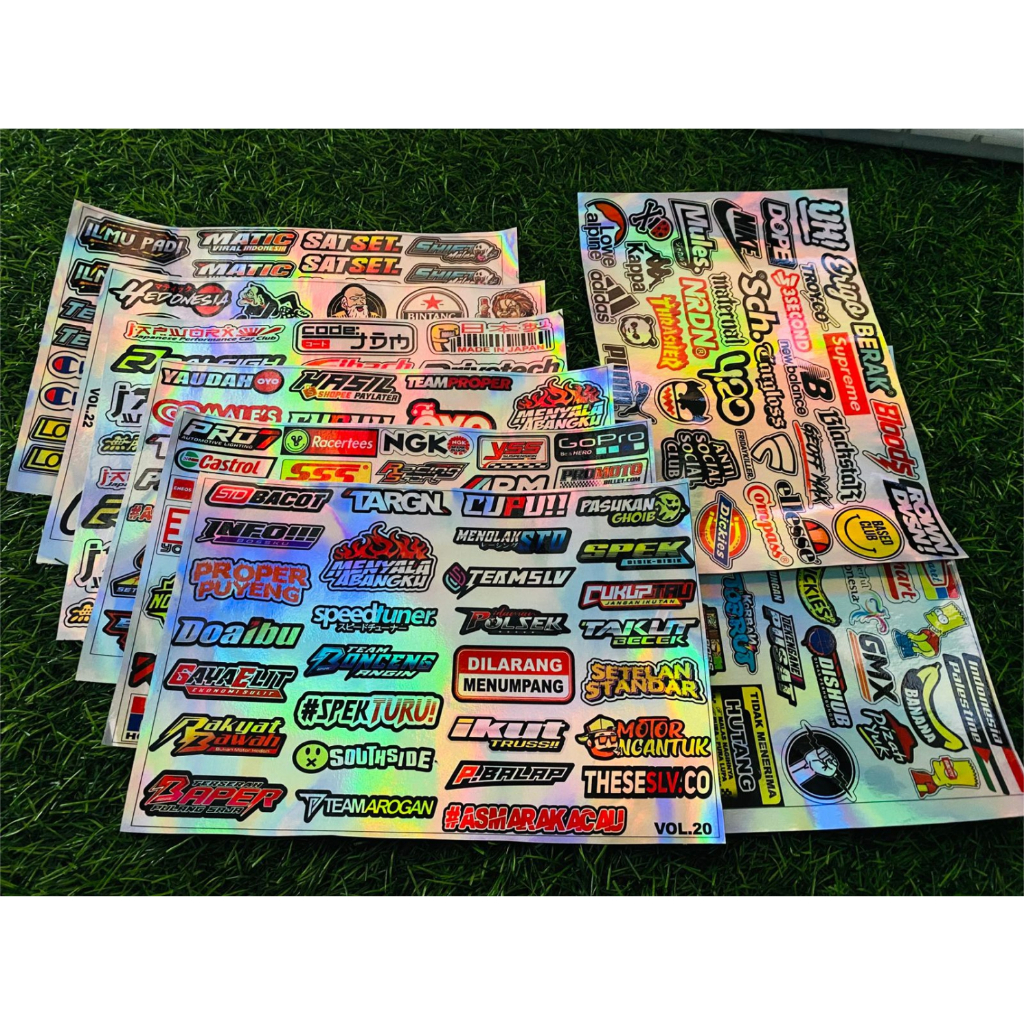 

Sticker Pack Hologram Stiker Sponsor Chrome Pelangi Menyala Kena Cahaya Sudah Laminasi Awet Anti Air