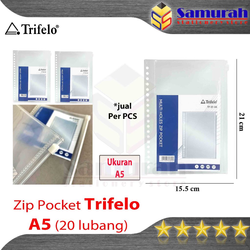 

Plastik ZIP Pocket Trifelo TEBAL A5 - 20 Lubang / PP Plastic Document Zipper Pocket Transparant 15,5 cm x 21 cm - 20 Multi Holes