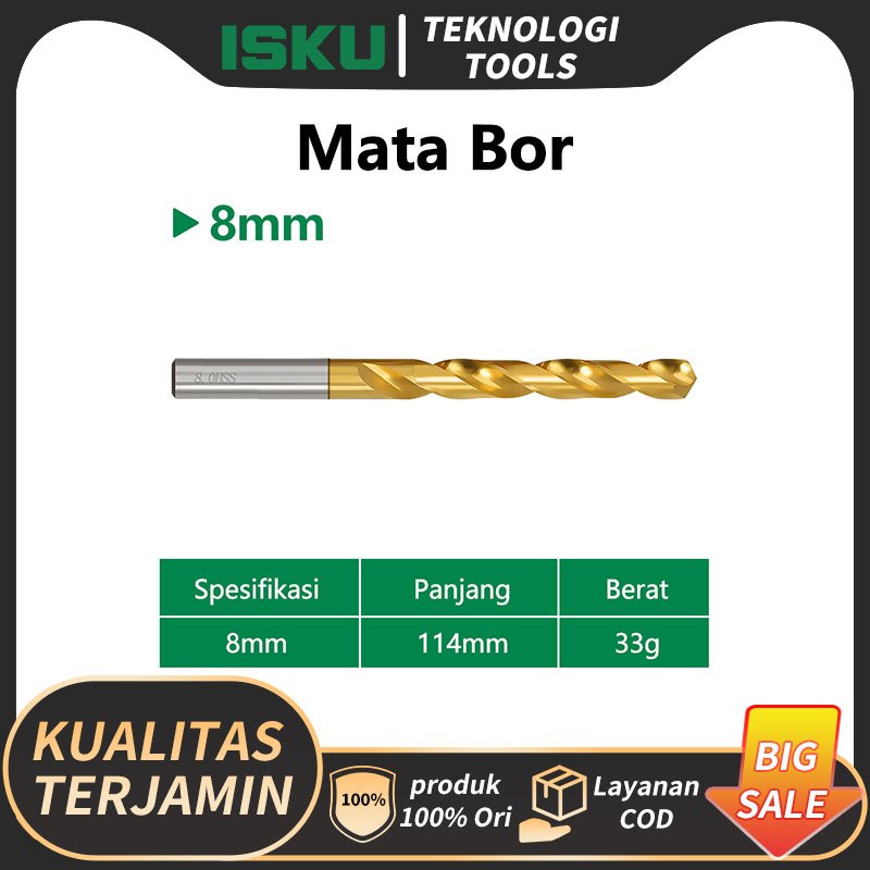 ISKU Mata Bor HSS Pengerjaan Kayu Listrik Baja Kecepatan Tinggi Mata Bor Shank Lurus -8mm Mata Bor