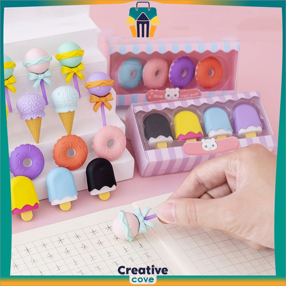 

Alat Tulis Penghapus Lucu Isi 4pcs Karakter Donat Eraser Ice Cream Penghapus Pensil Set 4IN1 Motif Lolipop Creative Cove A53