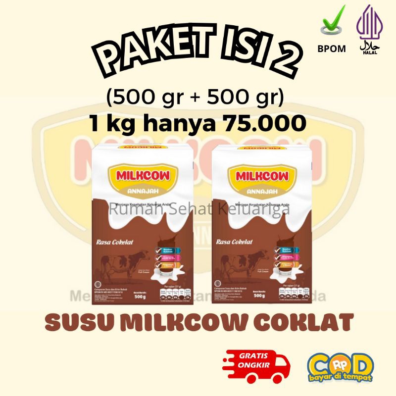 

(Twin Pack) Milkcow Susu Sapi Coklat Full Cream Rasa Cokelat 1000 gr 1 kg Murah Hemat Laris Susu Anak Gemuk Badan Penggemuk Halal BPOM Susu Dewasa Berkualitas Paket Bundling 1kg