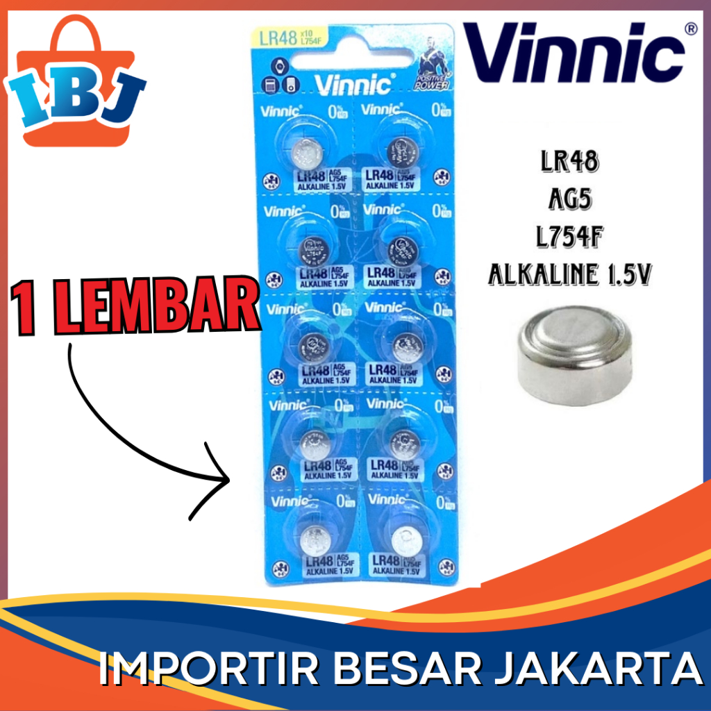 Vinnic LR48 LR750/ LR754/ AG5 Baterai ALCALINE 1.5V 1 Lembar