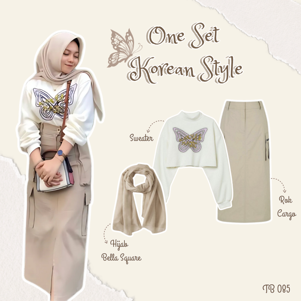 OOTD Oneset Korean Style Atasan Sweater Crop Turtleneck Rok Cargo dan Hijab Bella Square TB 085
