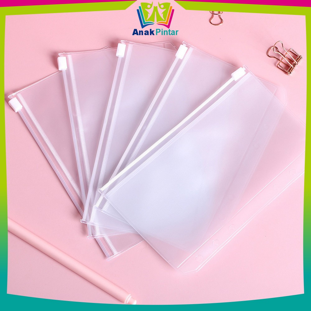 

Transparent Hand Book Bags Ziplock 6 Hole / Zipper Pocket Binder A6 Transparent Pouch Tempat Uang Anak Pintar C1105