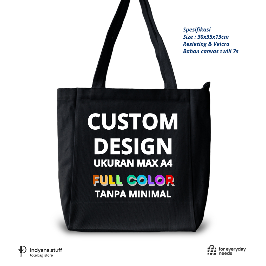 Indyanastuff - Tas custom tote bag kanvas premium hitam resleting - BEBAS CUSTOM SABLON