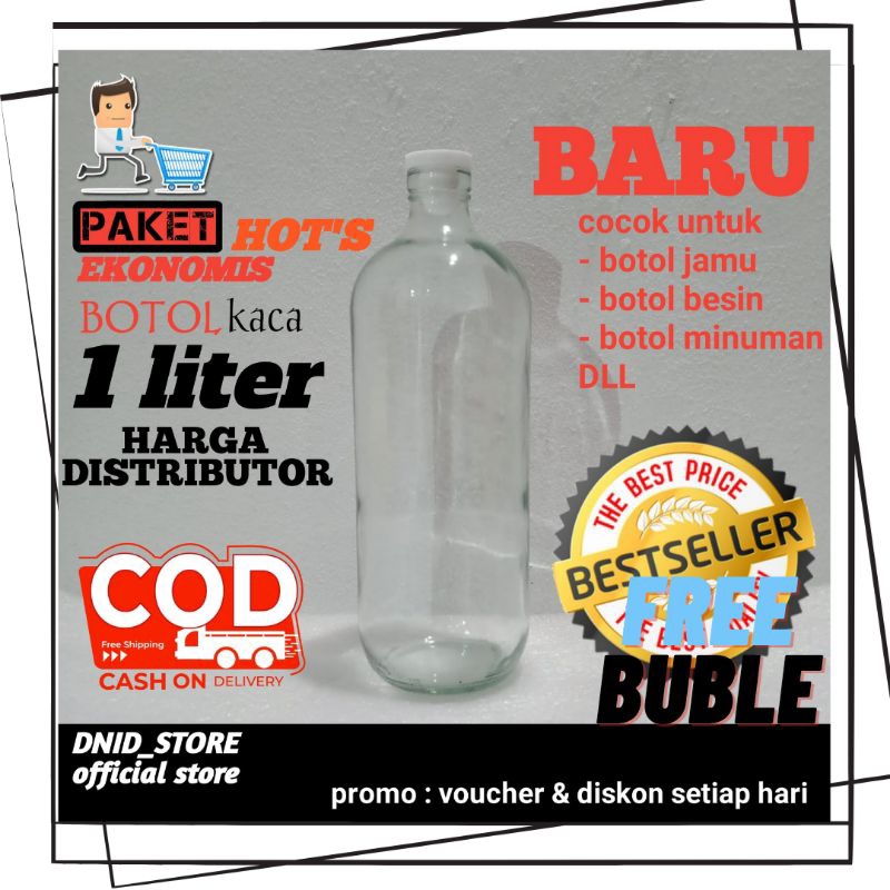 Paket 20pcs botol kaca ukuran 1liter+tutup /Botol bensin/botol jamu/botol serbaguna