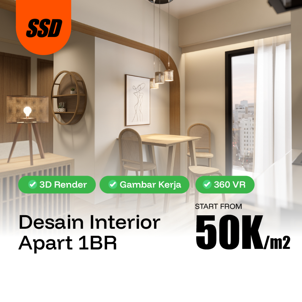 JASA DESAIN INTERIOR APARTEMEN 1BR | 3D, 360 VIEW, GAMBAR KERJA
