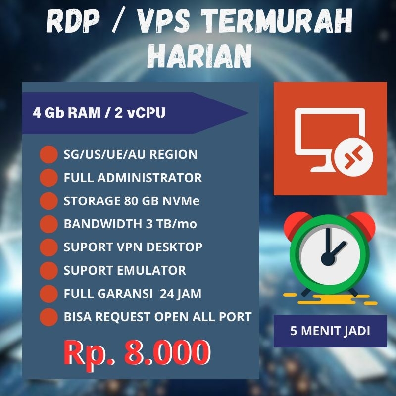 RDP/VPS Harian Termurah 4GB RAM / 2 vCPU