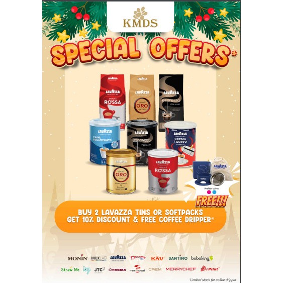 

Buy 2 Lavazza Tins or Softpacks Get 10% Discount & Free Coffee Dripper