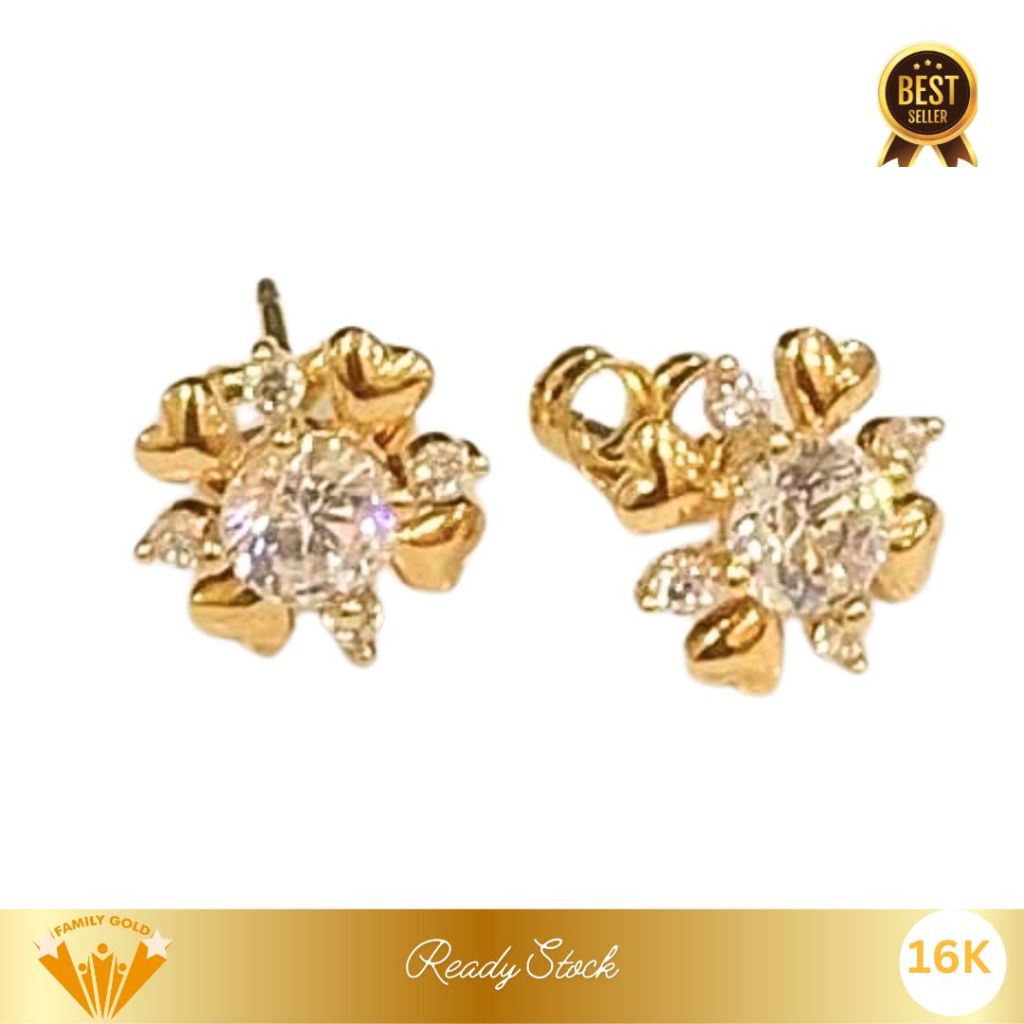 Anting Emas Kadar 16K Model Giwang Frozen Heart Family Gold