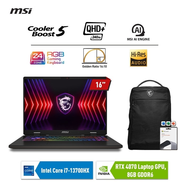MSI Sword 16 HX B13VGKG Intel i7-13700HX 16GB SSD 1TB RTX4070 16" QHD+ W11+OHS