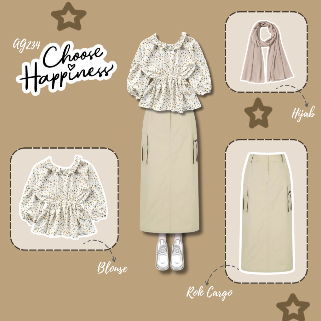 OOTD Wanita Korean Style Terbaru Outfit Set 3in1 Casual Cute | Blouse + Rok Cargo + Hijab | Outfit N