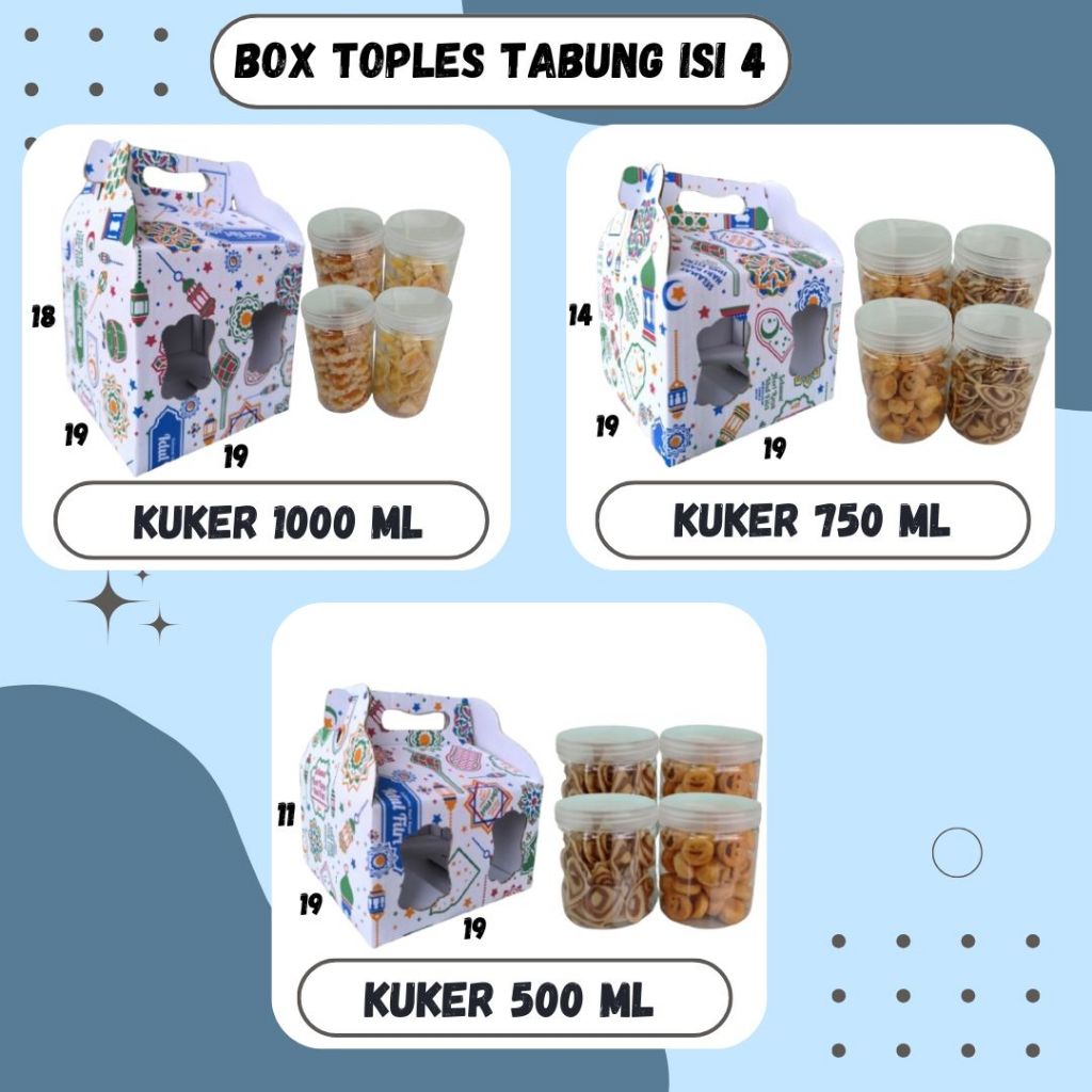 

Box Kuker Jar Isi 4 19x19x18 / 19x19x14 / 19x19x11 Toples Jar 1000ml/750ml/500ml Jinjing Gable Box Jar Kue Kering Gable Box Serbaguna Botol Dus Kue Kering Kemasan Madu Souvenir