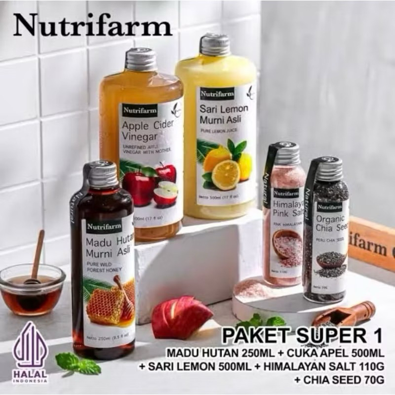 

NUTRIFARM Cuka Apel 500ml Sari Lemon 500ml Madu Hutan 250ml Garam Himalaya 110g dan Biji Chia 70g