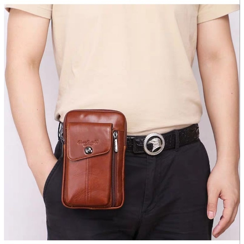 Tas selempang pria kulit asli (kulit sapi) import/tas hp kulit/tas pinggang import #1672
