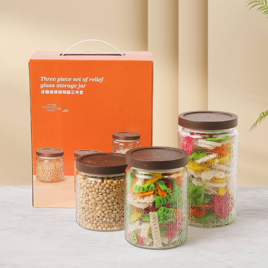 Nexxio 3 PCS Set Toples Snack Kaca Jadul  Tempat Penyimpanan Makanan / Toples Permen / Toples Aesthe