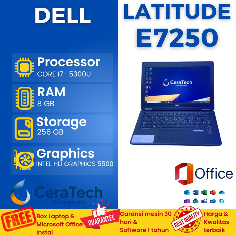 LAPTOP DELL LATITUDE E7250- CORE I7 5300U- RAM 8GB SSD 256GB- LAPTOP MURAH- LAPTOP SECOND- LAPTOP GA