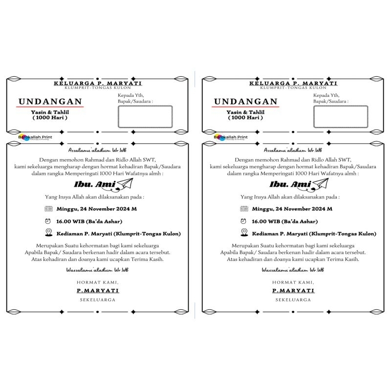 undangan kenduren/yasin/tahlil/40hari/100hari/1000 hari/pendak 1