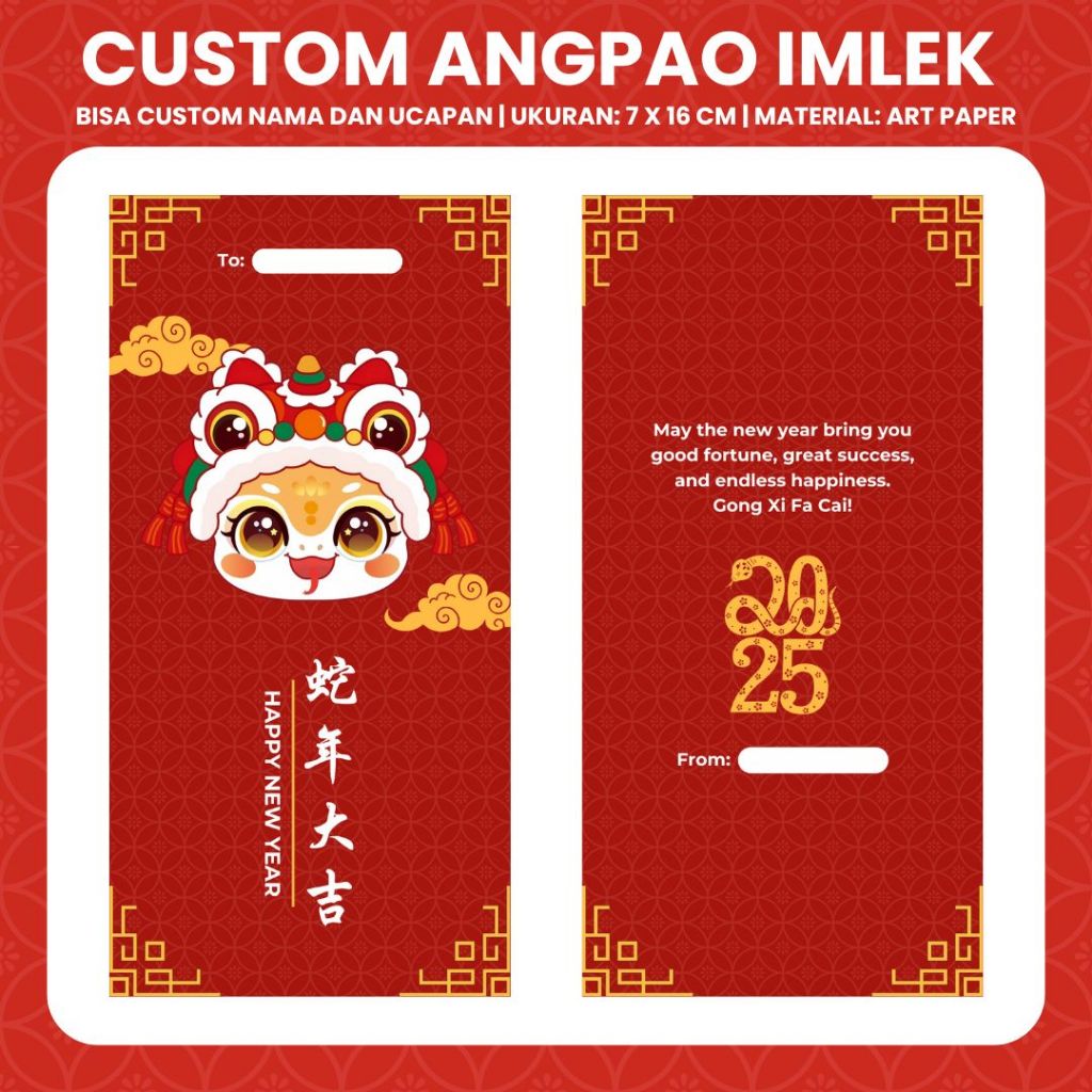 

Custom Angpao Imlek 2025 (MIN. 10 PCS) | Barongsai Snake Edition | Bisa Custom Nama dan Ucapan | Angpao Ular CNY | Amplop Sincia