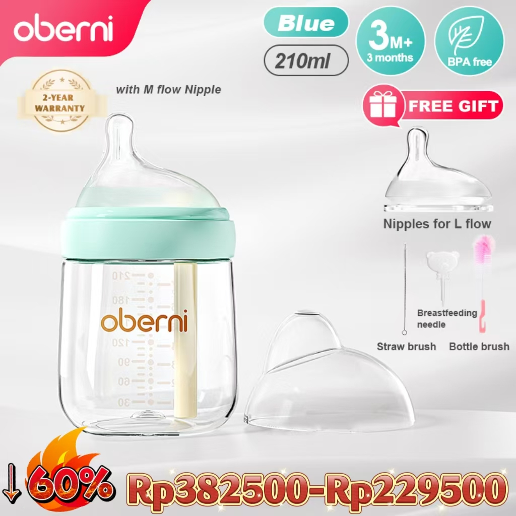 Oberni Botol glass menyusui bayi yang baru lahir 0 6 bulan super-lebar silikon susu suam bayi botol