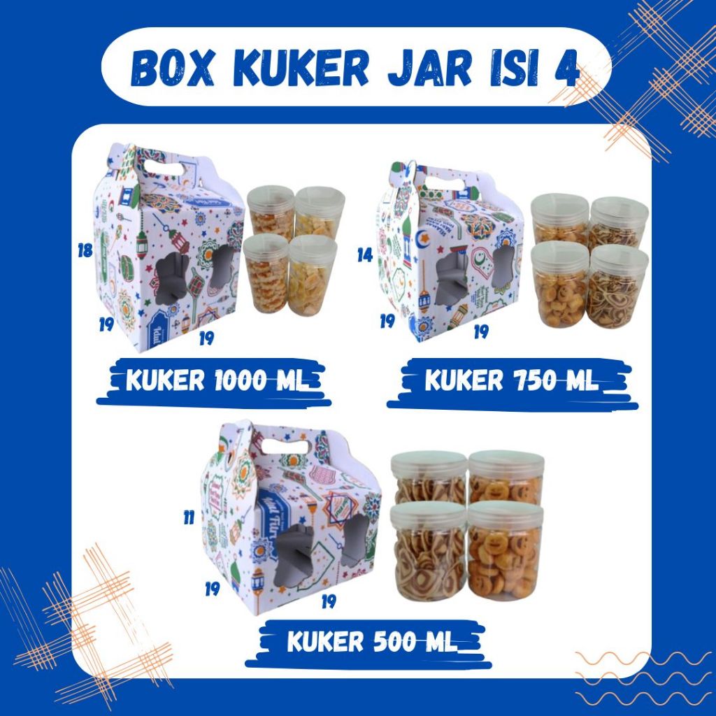 

Box Kuker Jar Isi 4 19x19x18 / 19x19x14 / 19x19x11 Kuker Jar 1000ml 750ml 500ml Kardus Kue Kering / Idul Fitri /Hampers / Lebaran / Gable Box Polos/Motif/ Box Ied Mubarak
