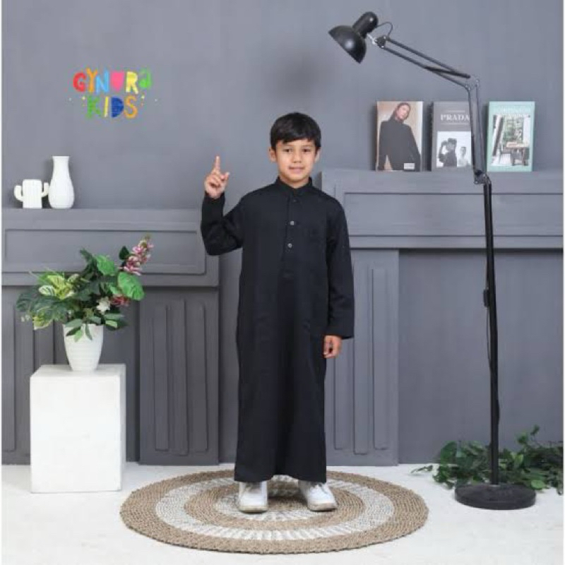 Baju Muslim Gamis Koko Kurta Hitam Polos Anak & Remaja Gynura Kids Manasik Haji