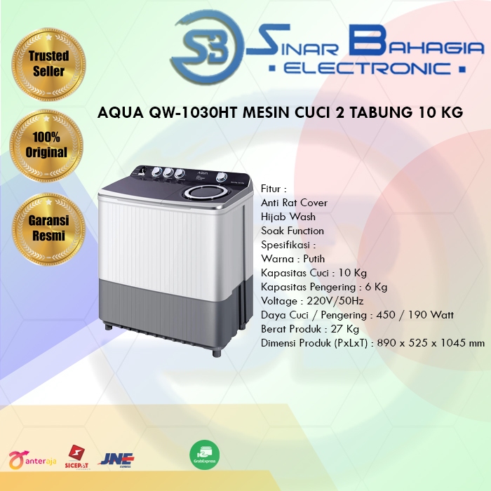 AQUA QW-1030HT MESIN CUCI 2 TABUNG 10 KG  (NEW) (KHUSUS BANDUNG)