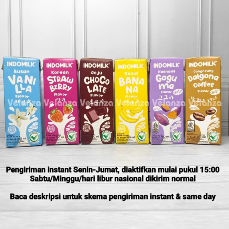 

Susu UHT Indomilk 180 ml Rasa Vanila/Cokelat/Stroberi/Banana 1 Karton/Dus Isi 30