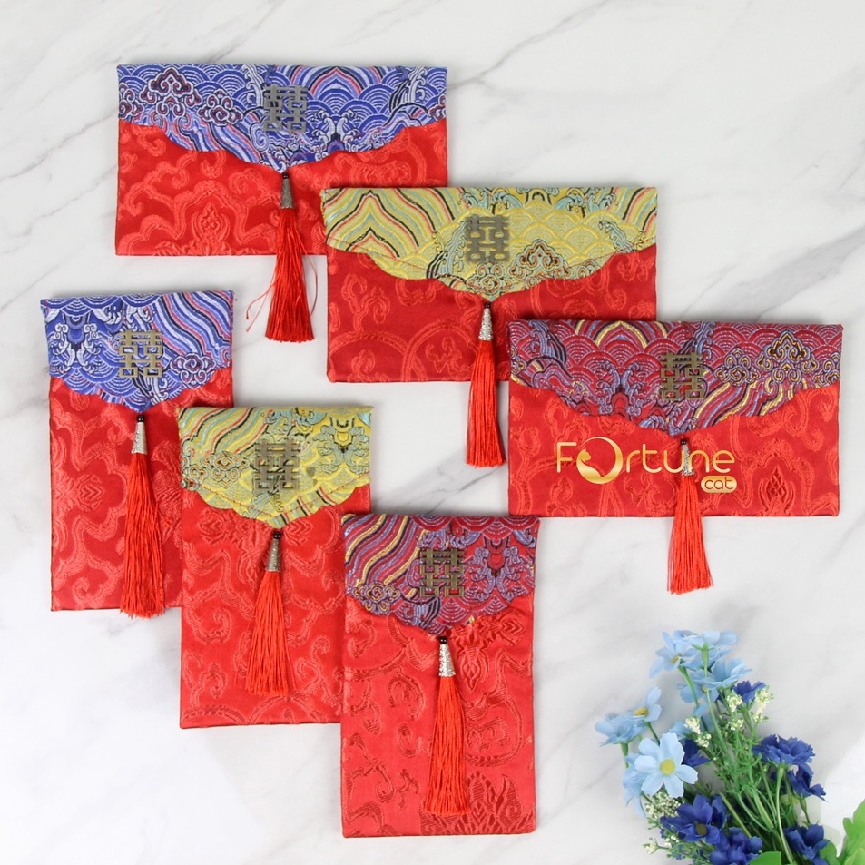 

GAVO675 Angpao Sangjit Kain Shuang Xi Wedding Engagement Lamaran Kawinan Kain Premium Merah Gantungan Batik