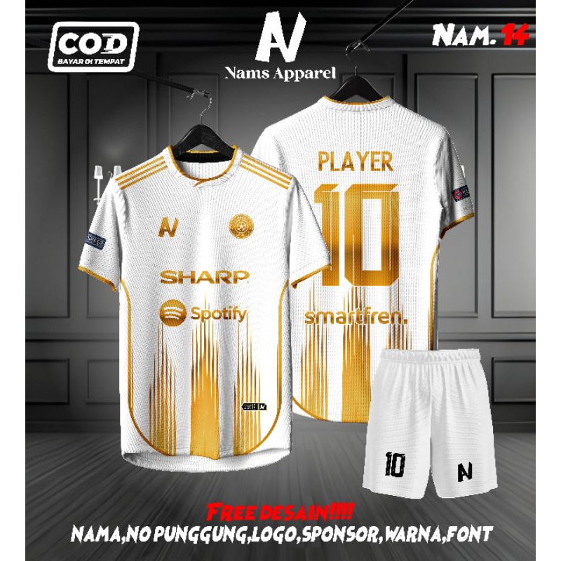 JERSEY FUTSAL / SEPAKBOLA FULL PRINTING PUTIH GOLD KEREN BEBAS CUSTOM DESIGN FREE NAMA DAN NOMOR PUN