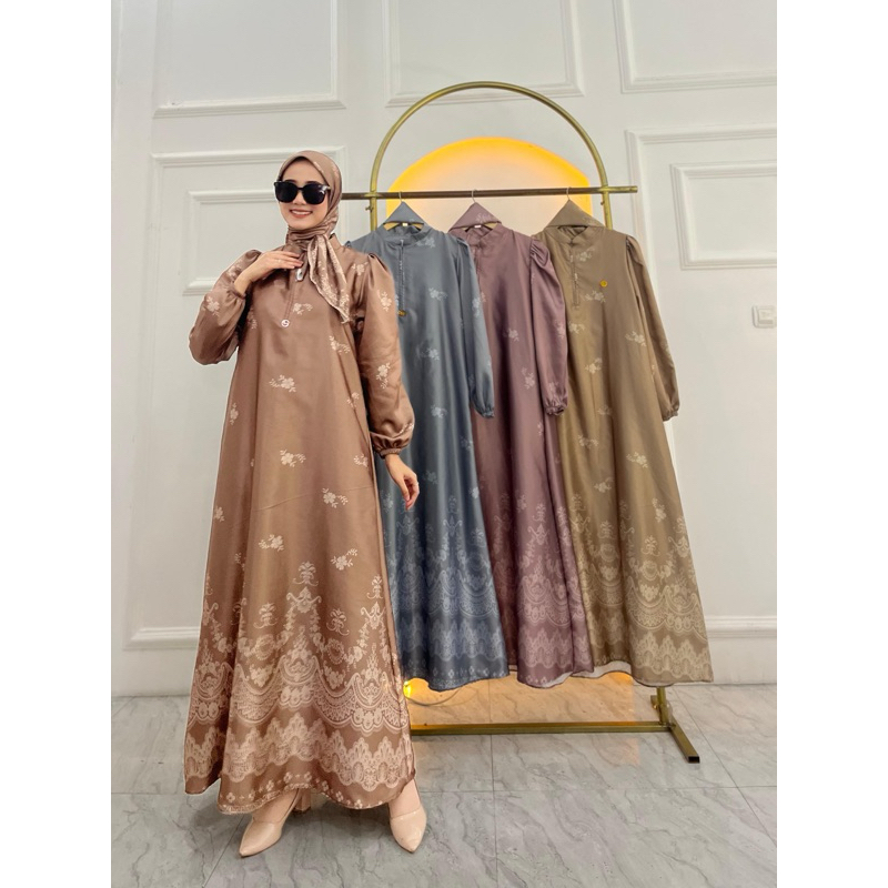Gamis Armany silk brown motif KAMBOJA MAYUNG set hijab