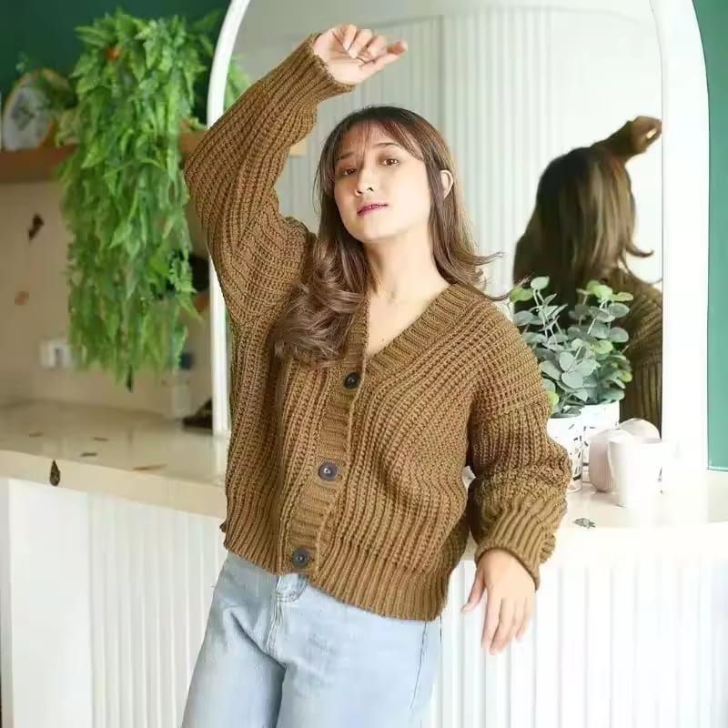 Cardigan crop rajut, baju rajut wanita lengan panjang tanpa saku kancing tiga