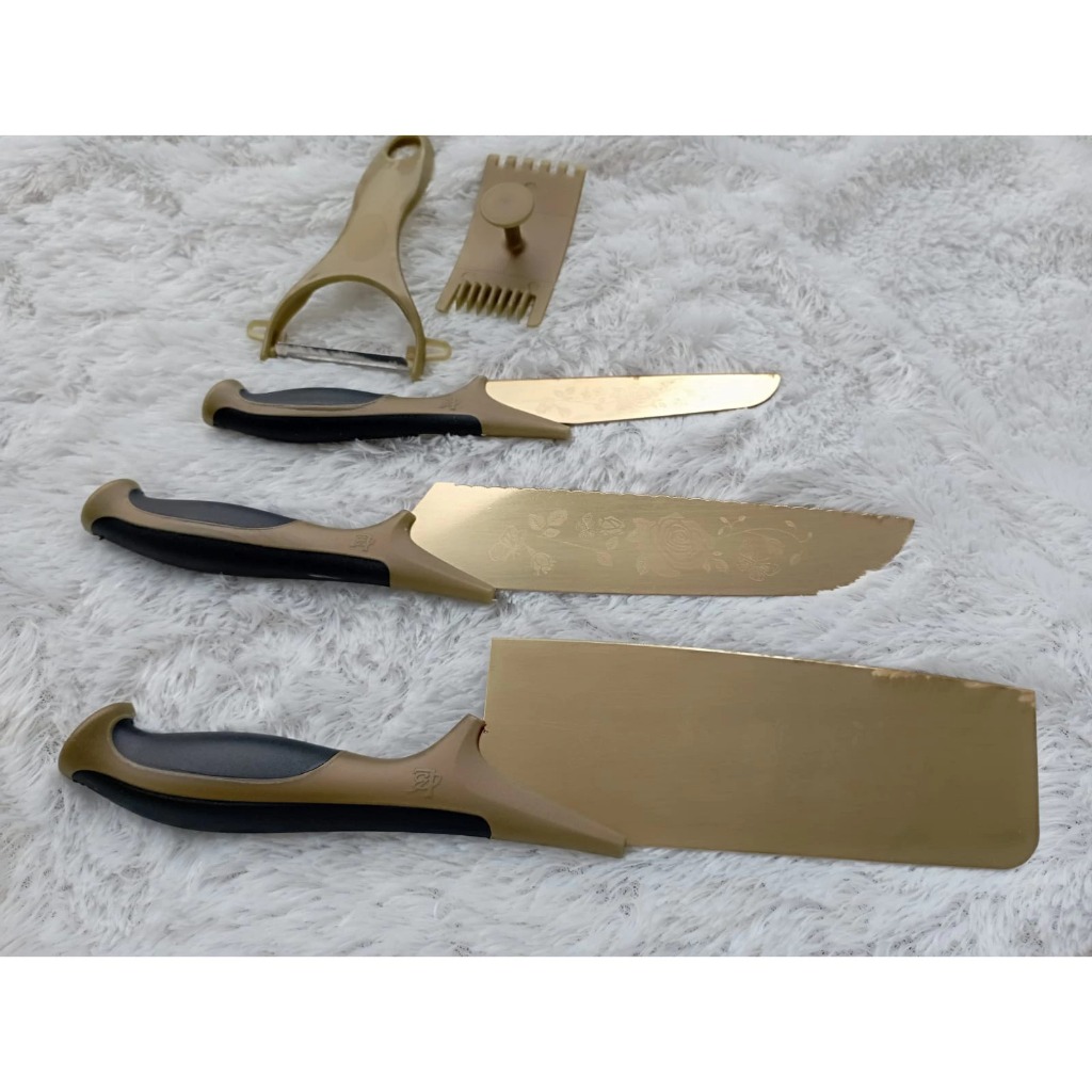 SALE Pisau Dapur Set 5-in-1 Gold Motif Bunga Stainless Steel Tajam