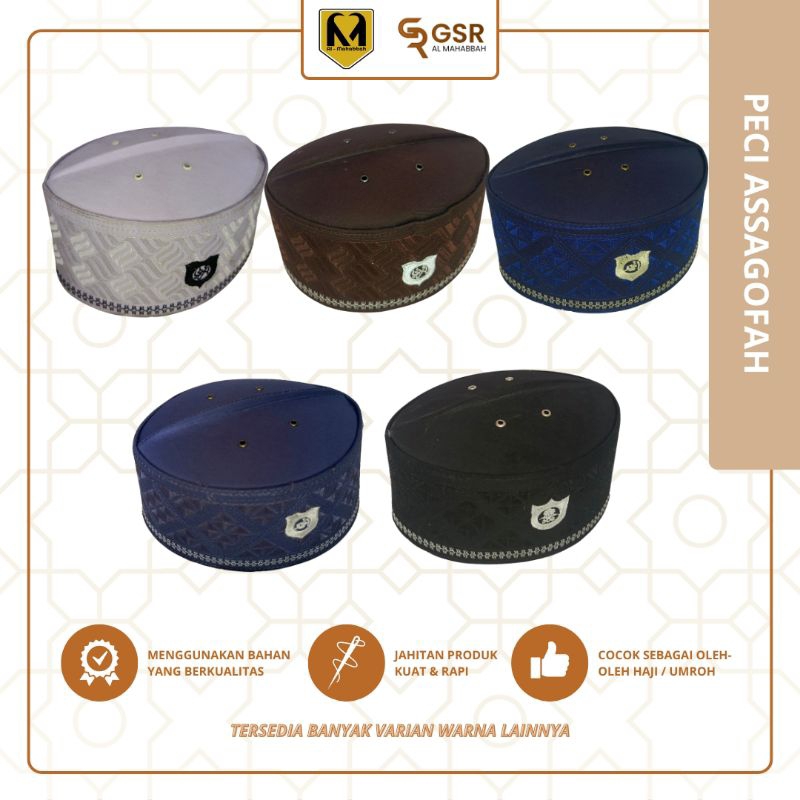 Peci kopiah kopyah kopeah assagofah sholat haji pria bulat bulet bundar polos hitam putih biru