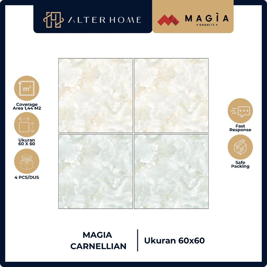 GRANIT LANTAI RUANGAN / PERMUKAAN GLOSSY / MAGIA CARNELLIAN / 60X60 CM / KUALITAS 1 / TERSEDIA BEIGE