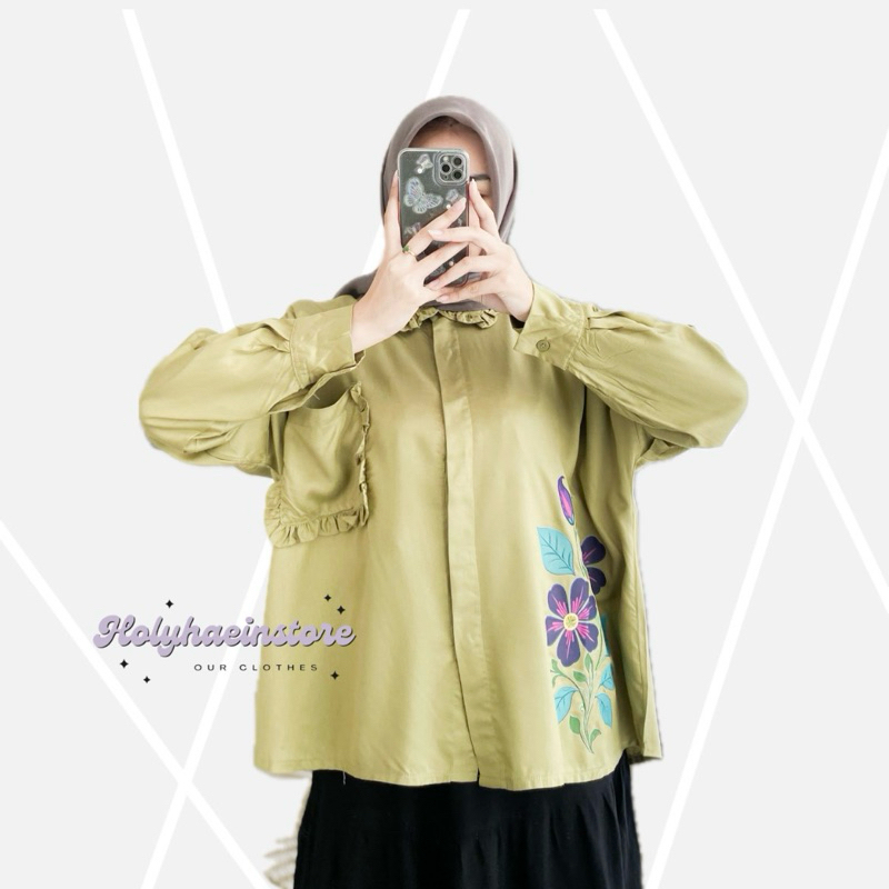 Holyhaeinstore Kemeja Wanita Oversize Katun Twill Kamelia Shirt Atasan Casual Motif