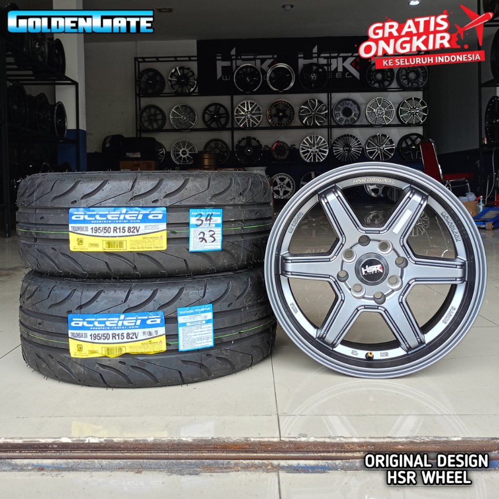 paket velg ban mobil racing r15 hsr minas + ban 195 50 r15 accelera 651 sport untuk brio agya ayla