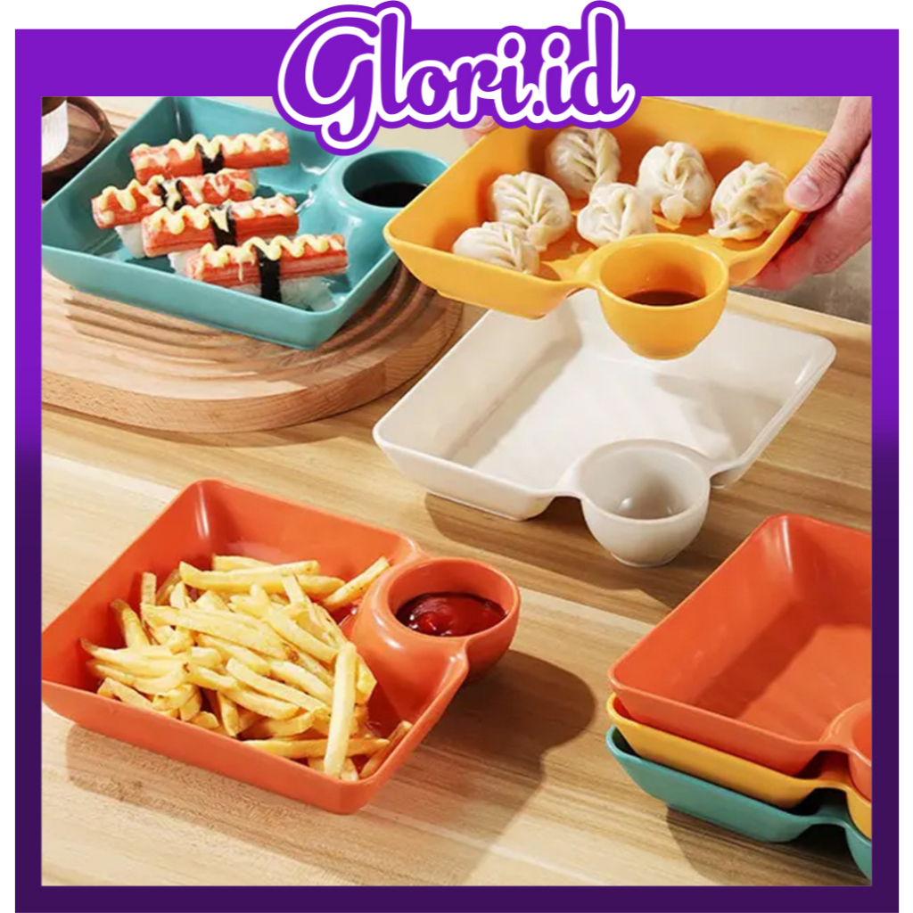 GLORI.ID Piring Makan 2 in 1 Tempat Saus Kecap / Piring Makan Souvenir / Piring Makan Serbaguna / Te