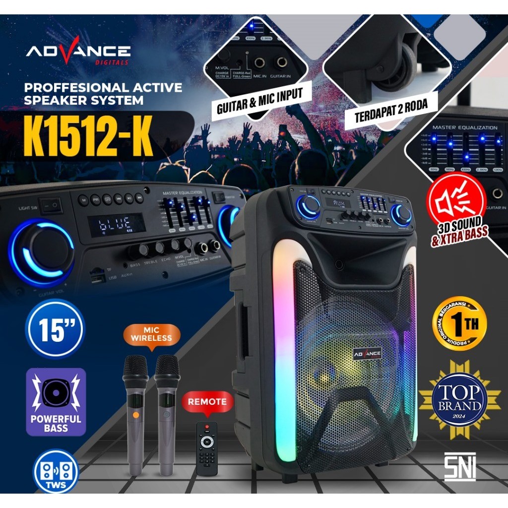 Speaker Advance K1512K / K1512-K / K1512 K Bluetooth Karaoke 15 Inch Free 2 mic Wireless