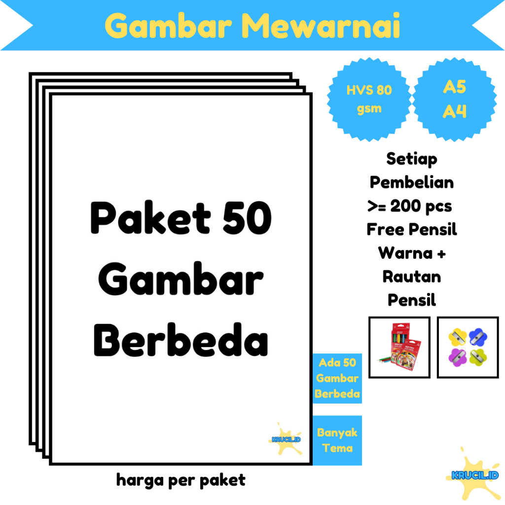 

Paket 50 Lembar Gambar Mewarnai Berbeda Anak PAUD TK SD Kertas HVS Tebal 80 gsm Bukan Buku A4 A5