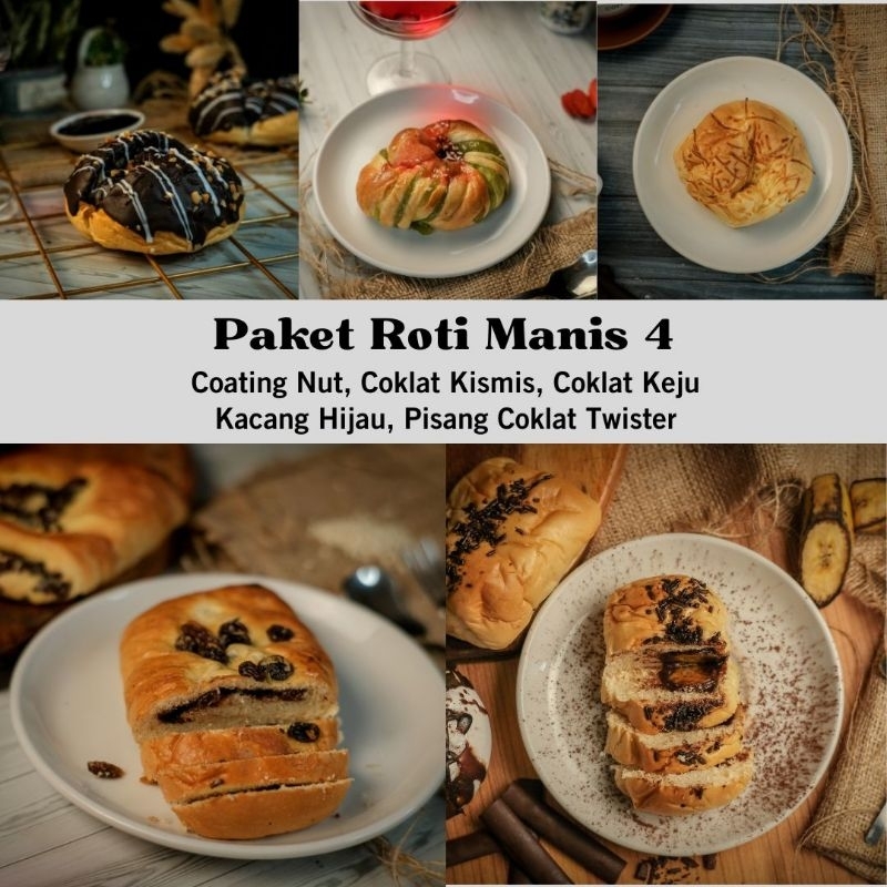 

Paket Roti Manis 4 isi Roti Kacang Hijau, Pisang Coklat, Coating Nut, Coklat Kismis, Coklat Keju