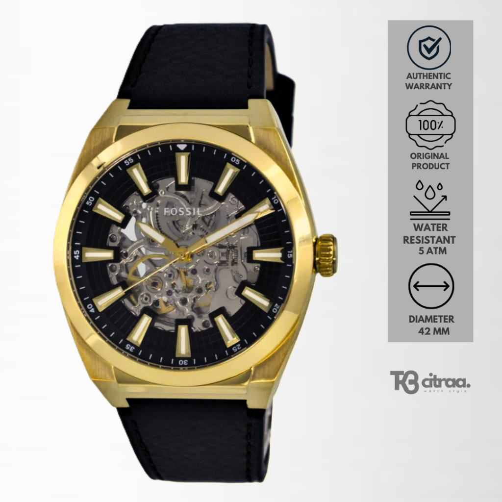 Jam Tangan Pria Fossil Everett Automatic Kulit Black Sporty Mewah Original ME3208