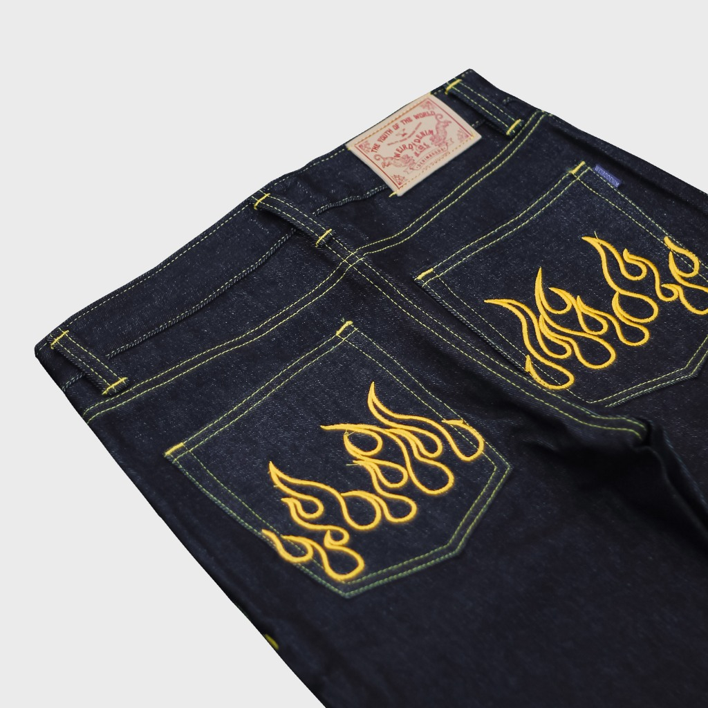 Raw Denim Selvedge Shellstich 16 Oz Non Strech Black Indigo Flame Art