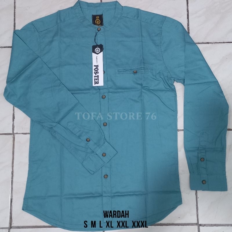 Kemko POS-TER Kemeja Koko Polos Biru Wardah Lengan Panjang kerah Sanghai Pria Dewasa High Quality