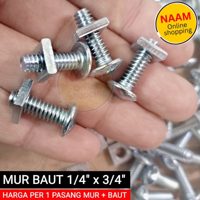 (1/4" x 3/4") BAUT MUR KOTAK - BAUT OBENG MIN & MUR KOTAK - BAUT SKRUP PLAT NOMOR - MUR BAUT SENG PL