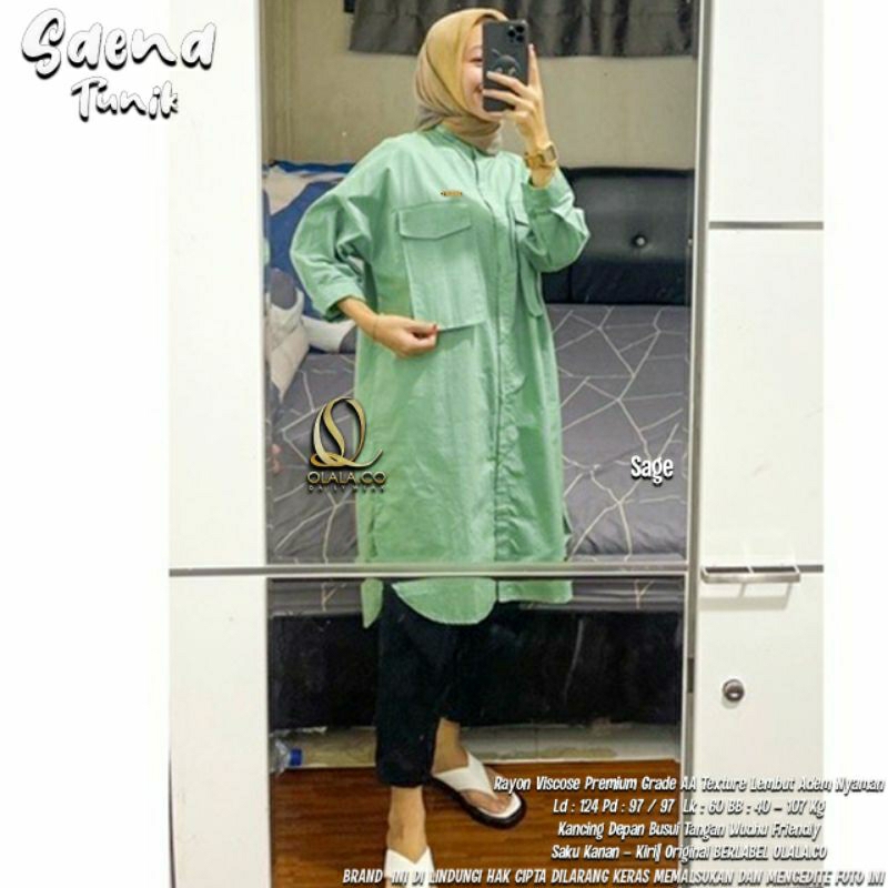 HIJAU MINT Saena Long tunic Katun Viscose Rayon Adem Kemeja panjang JUMBO / OVERSIZE ld 120-140 fit 