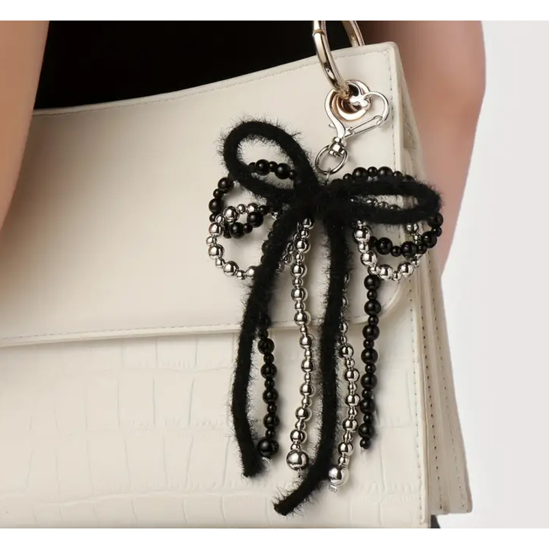 1pc Exquisite Dark Handmade Beaded Imitation Crystal Dime Bow Pendant Keychain