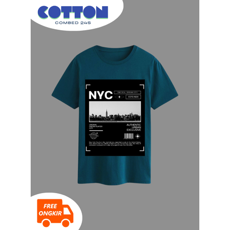 KAOS BIRU TOSCA REGULER LENGAN PENDEK GAMBAR TULISAN NYC WANITA S M L XL COMBED 24S