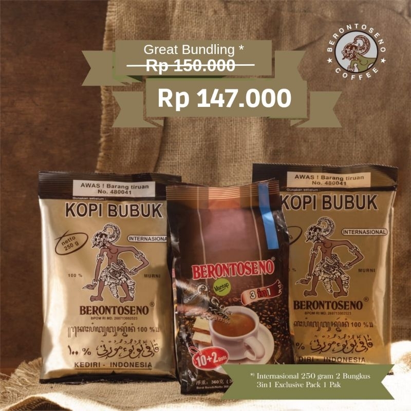 

Kopi Berontoseno Great Bundling Internasional 250 gram + 3 in 1 Pack-