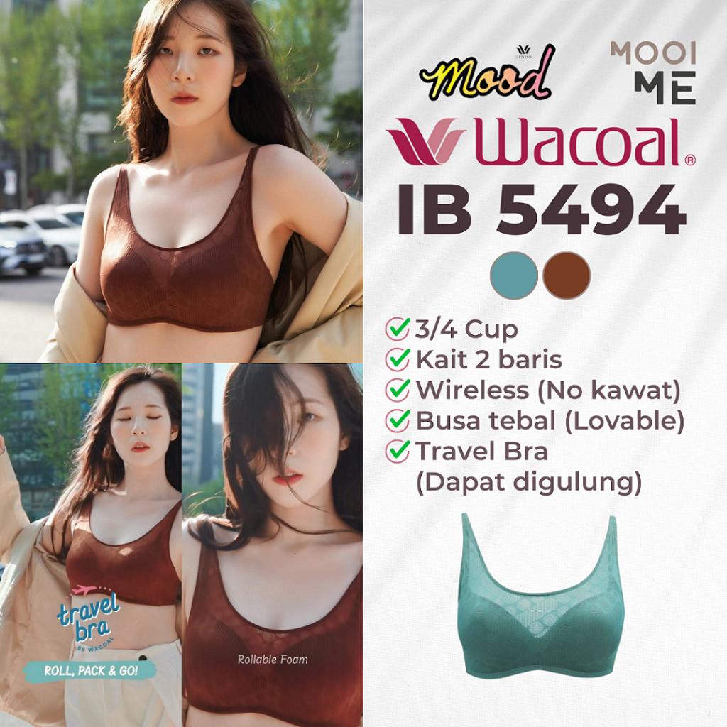Wacoal Mood IB 5494 Travel Bra 3/4 Cup Wireless (Tanpa Kawat) Busa Tebal Level 2 (Lovable) Into The 